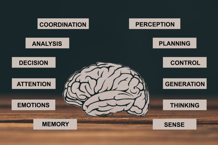 List of issues around a image of a brain, that a child may experience with Cognition and Learning .